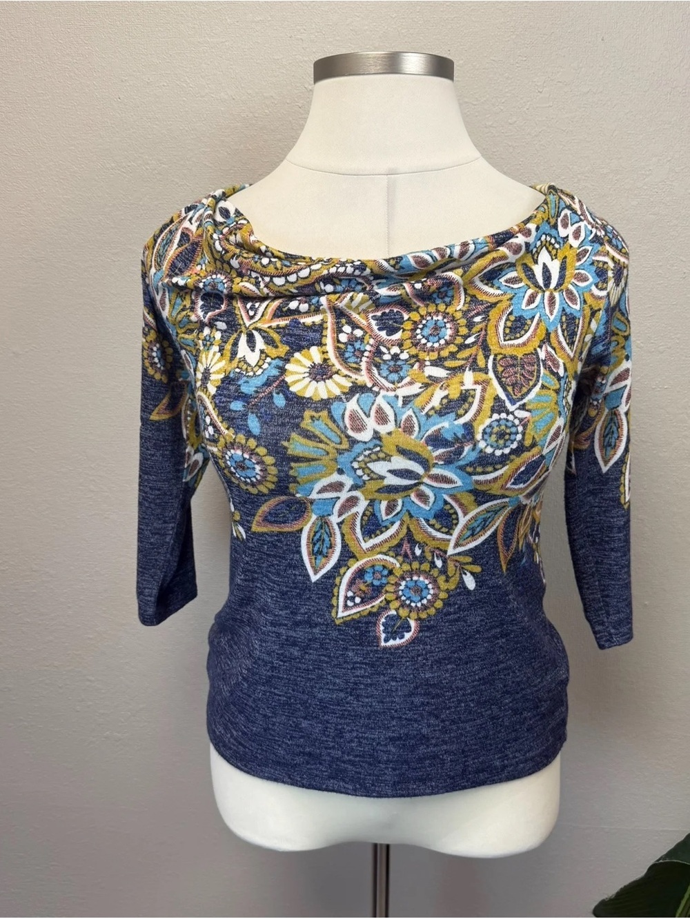 Anthropologie Postmark Blue Jacaranda Floral Knit Cowl Neck Top - Size Large